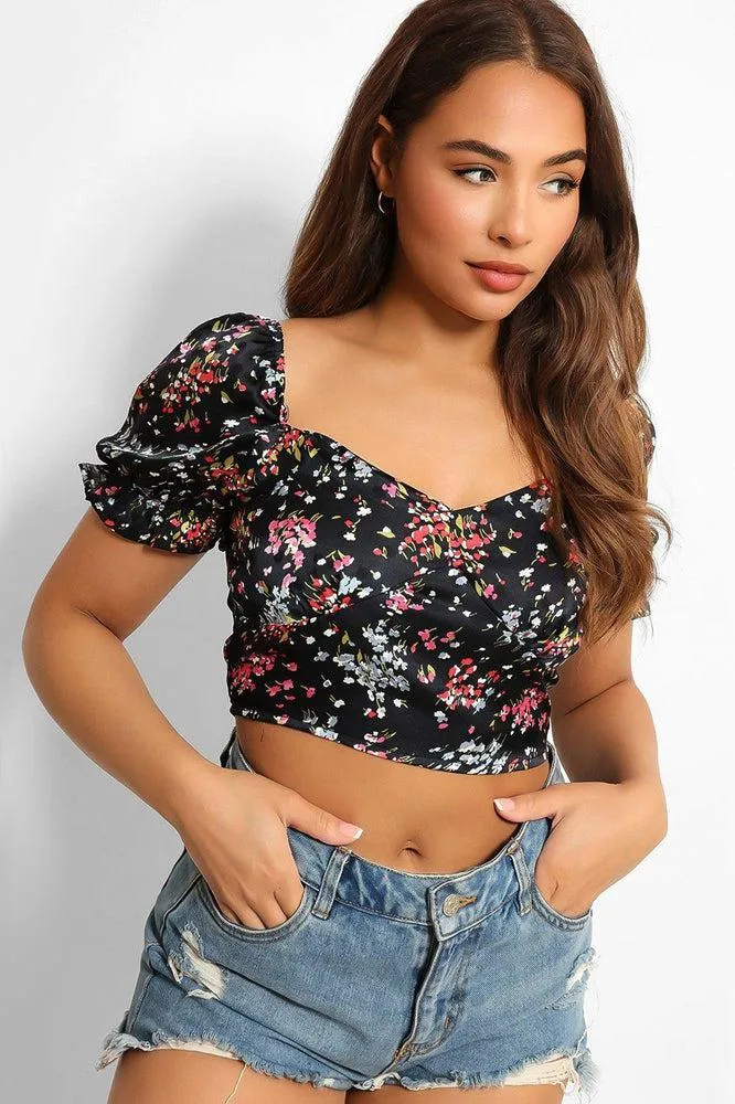 Navy Satin Floral Finish Shirred Crop Top