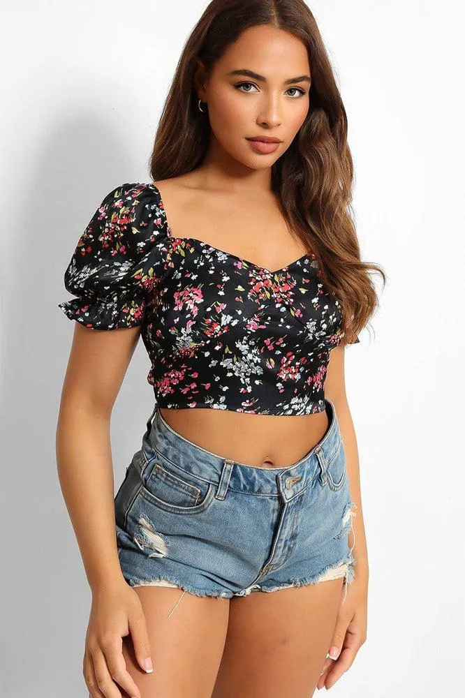 Navy Satin Floral Finish Shirred Crop Top