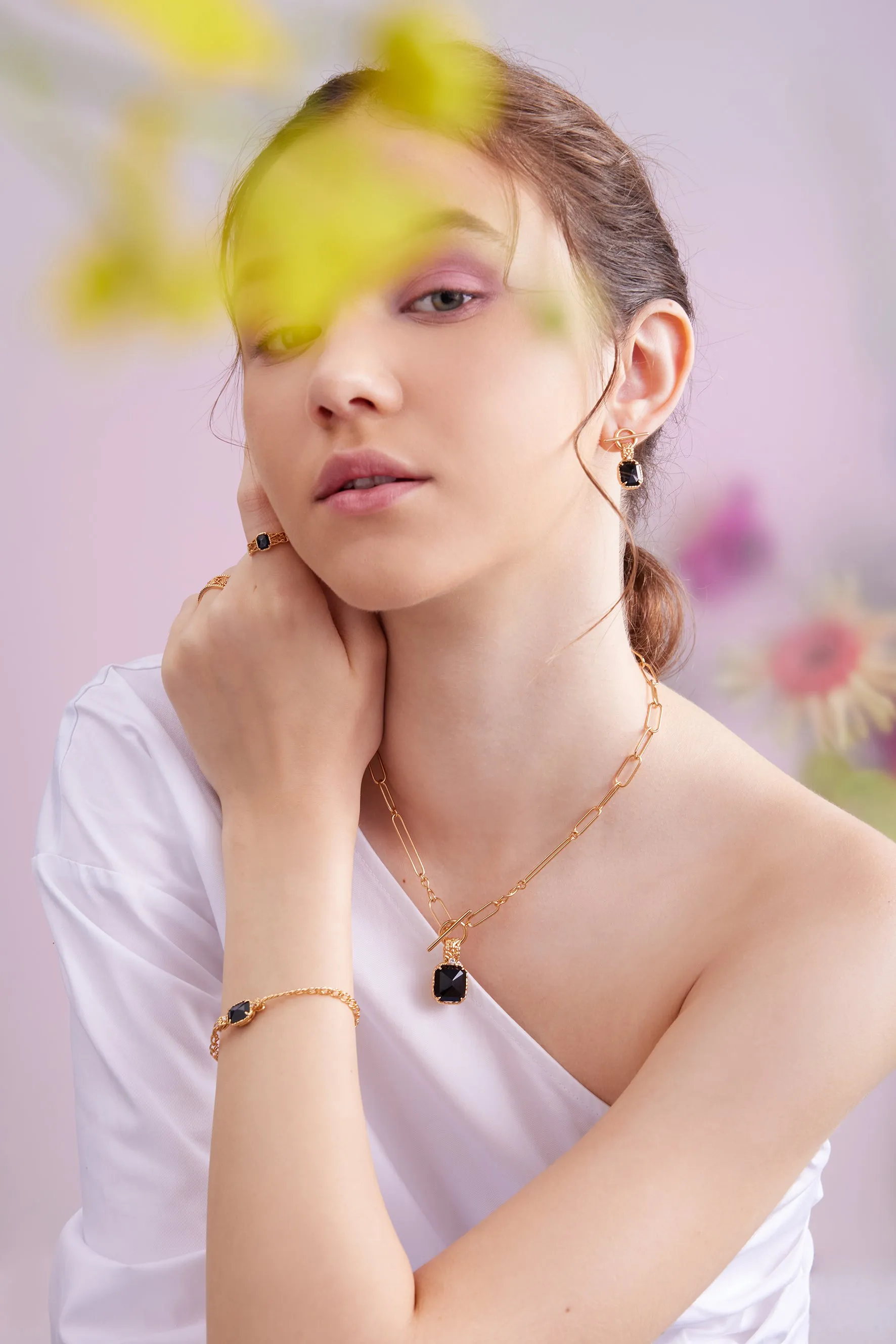 Obsidian Gold Toggle Earrings - Chrysanthemum