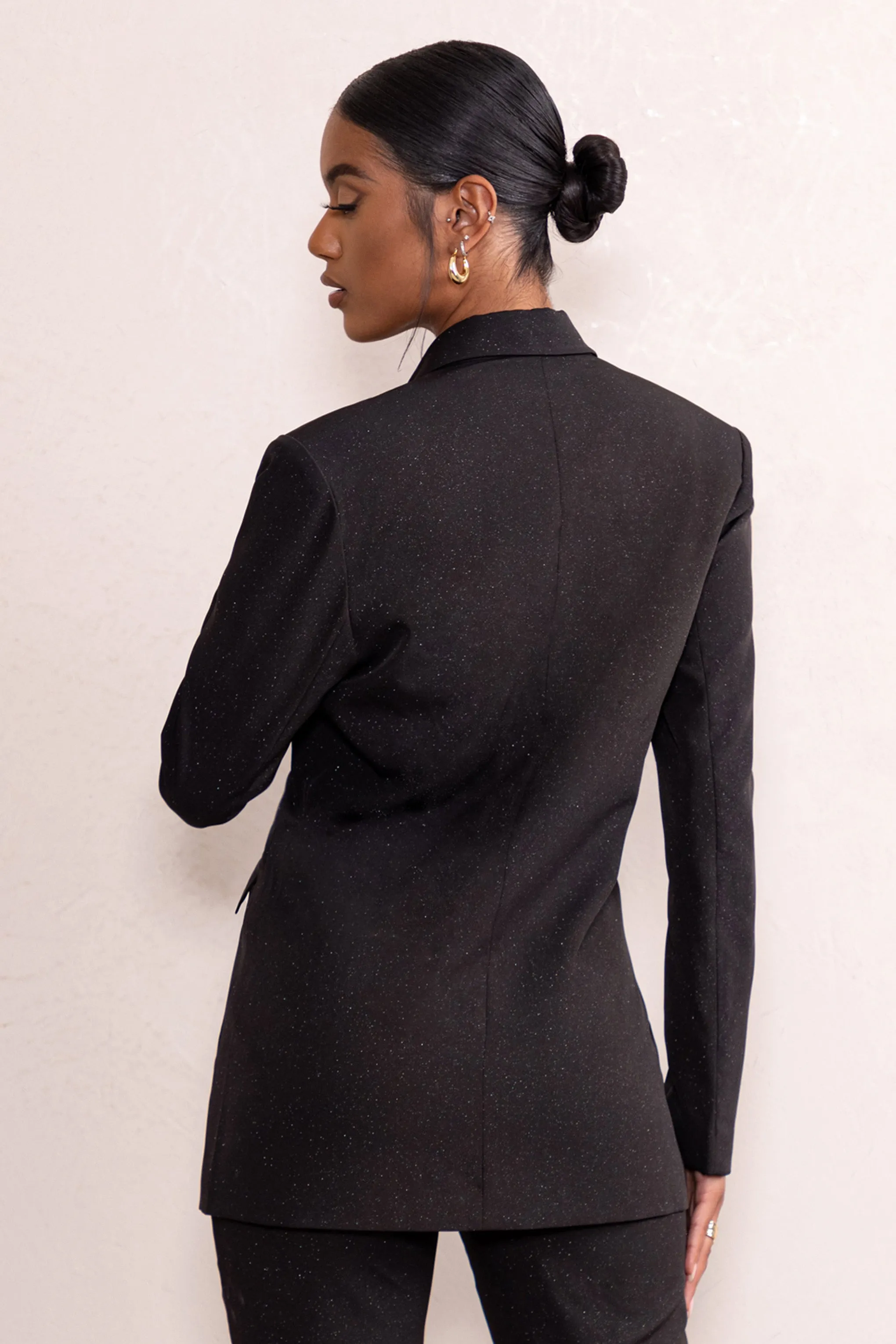 Paola | Black Glitter Plunge Neck Oversized Blazer