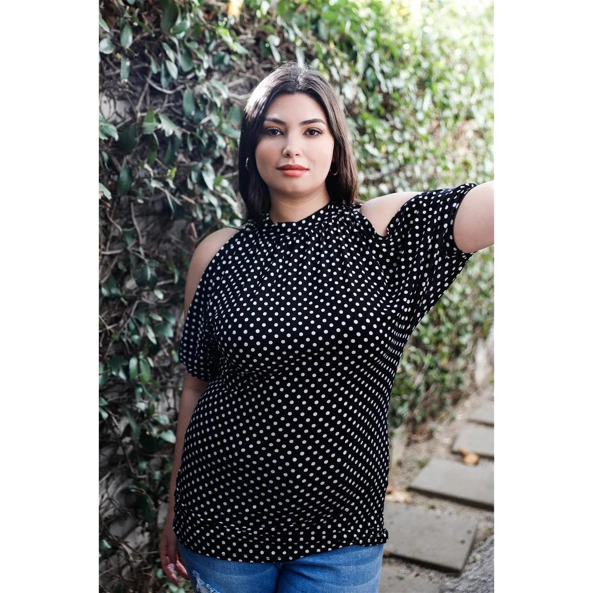 Plus Polka Dot Cold Shoulder Short Sleeve Back Self-tie Top