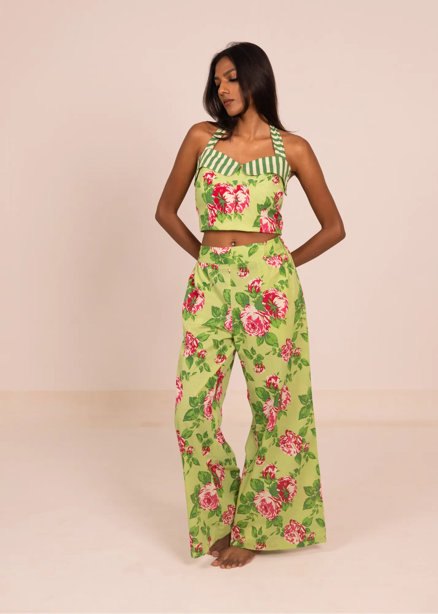 Retro Crop Top - Green Roses