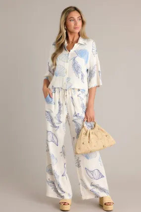 Sandy Shores Blue Tropical Print Drawstring Pants