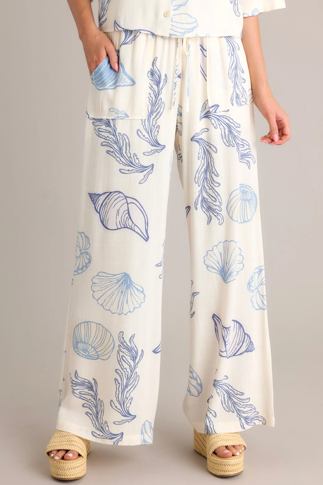 Sandy Shores Blue Tropical Print Drawstring Pants