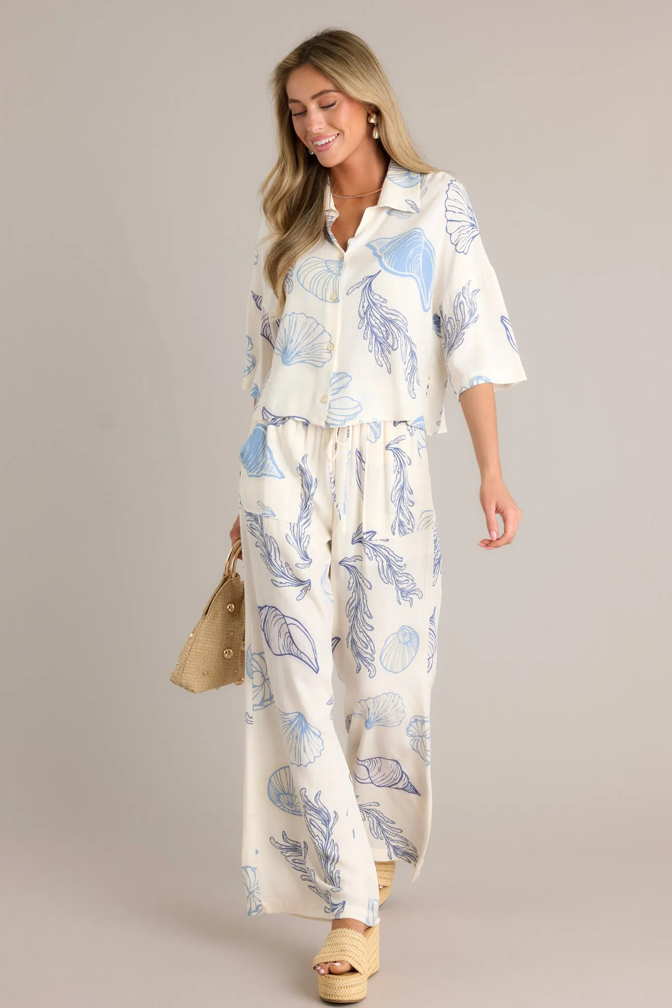 Sandy Shores Blue Tropical Print Drawstring Pants