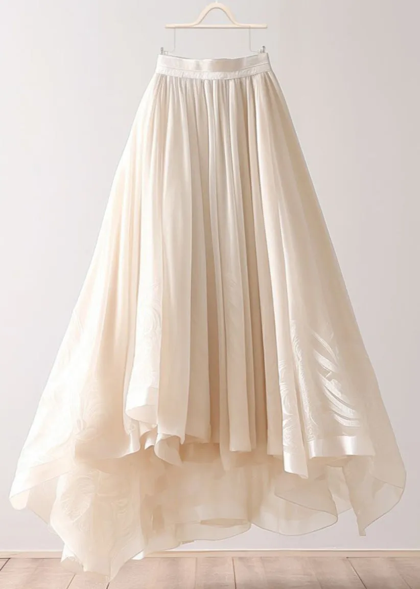 Simple Beige Asymmetrical Wrinkled Elastic Waist Chiffon Skirt Summer AB1013