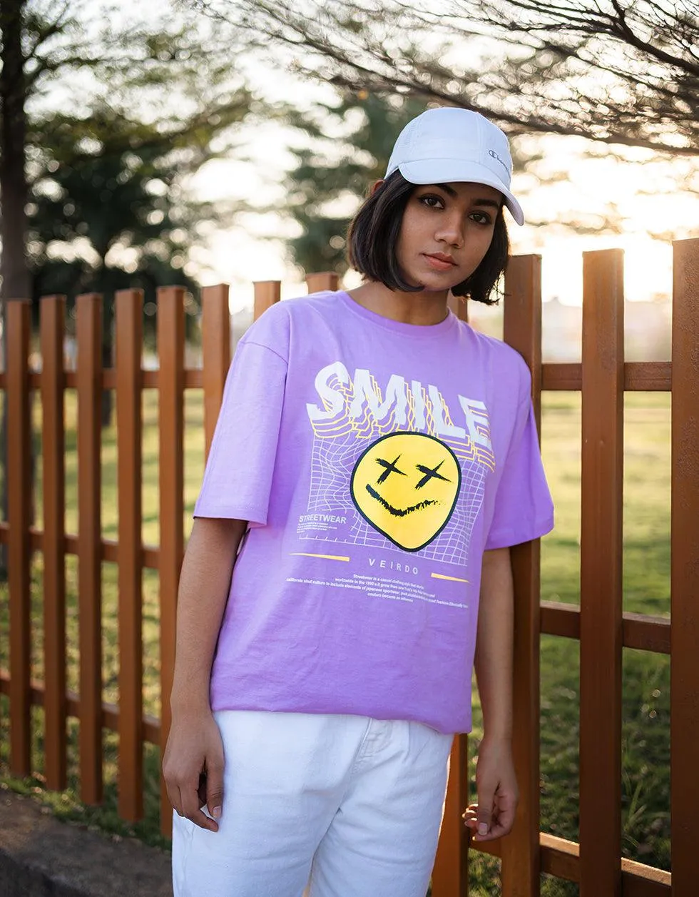 Smile Lilac Oversized Chest Graphic Printed Tshirt