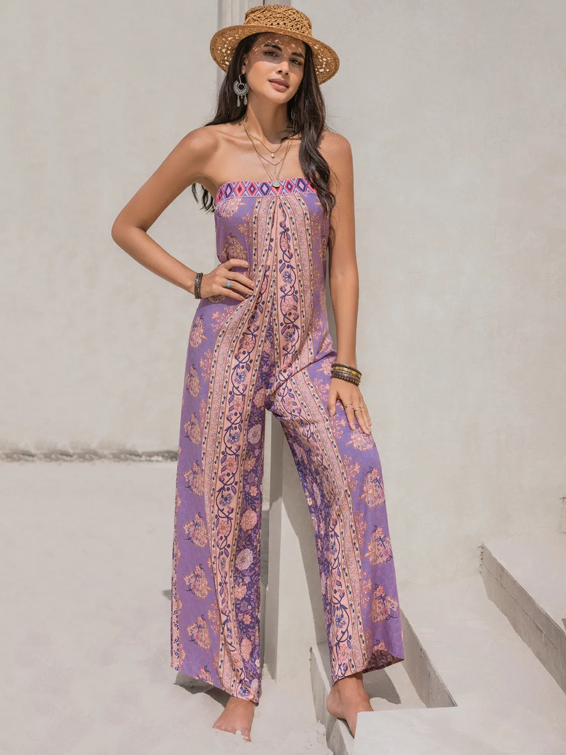 Sunset and Swim – Bedruckter Tube-Jumpsuit mit weitem Bein und Bindeband