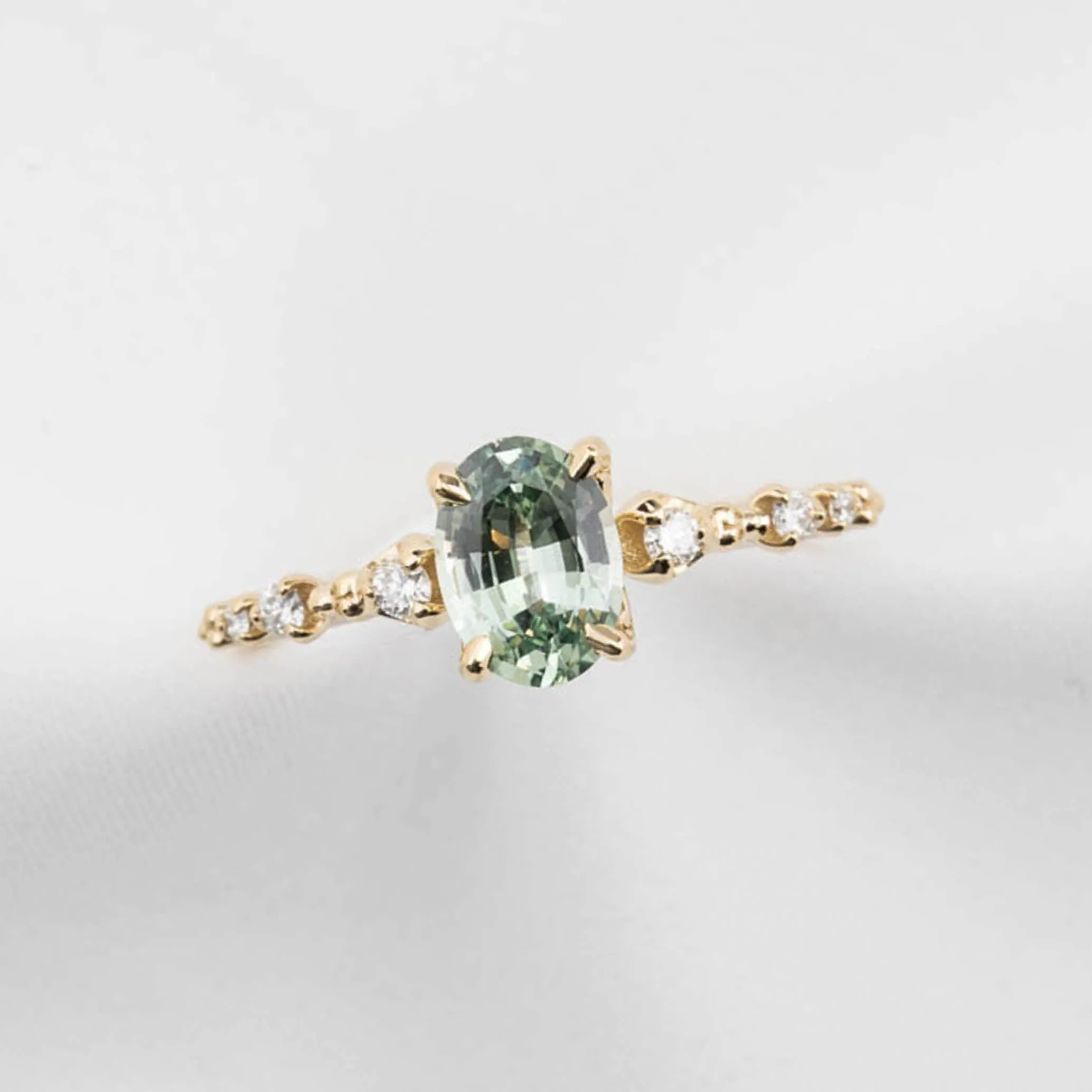 Wisteria Ring 0.90ct Light Green Montana Sapphire, 14K Yellow Gold (One of a kind)