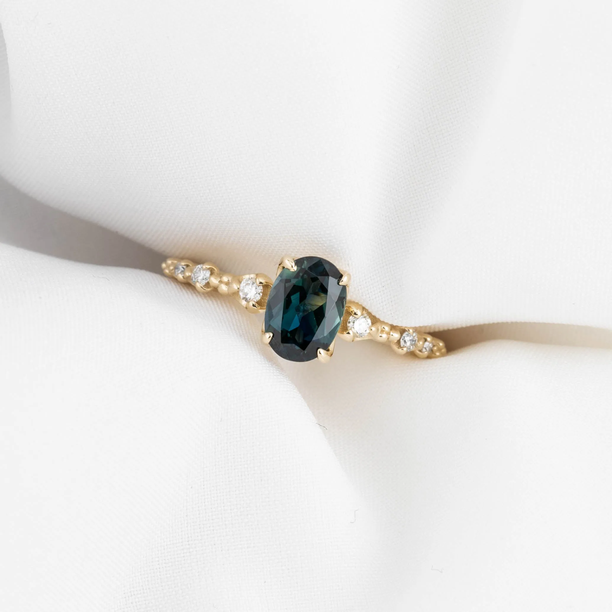 Wisteria Ring 1.17ct Deep Teal Blue Queensland Sapphire, 14K Yellow Gold (One of a kind)