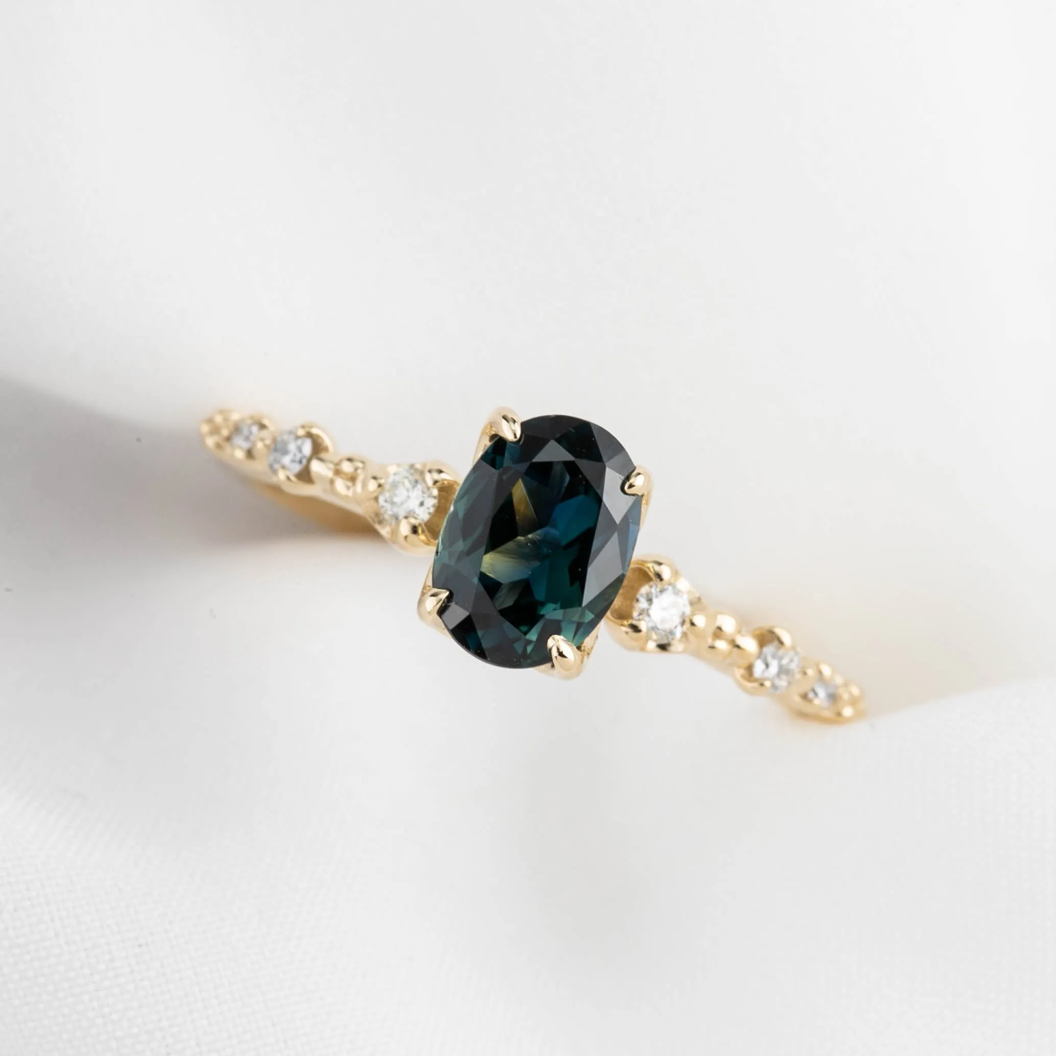 Wisteria Ring 1.17ct Deep Teal Blue Queensland Sapphire, 14K Yellow Gold (One of a kind)