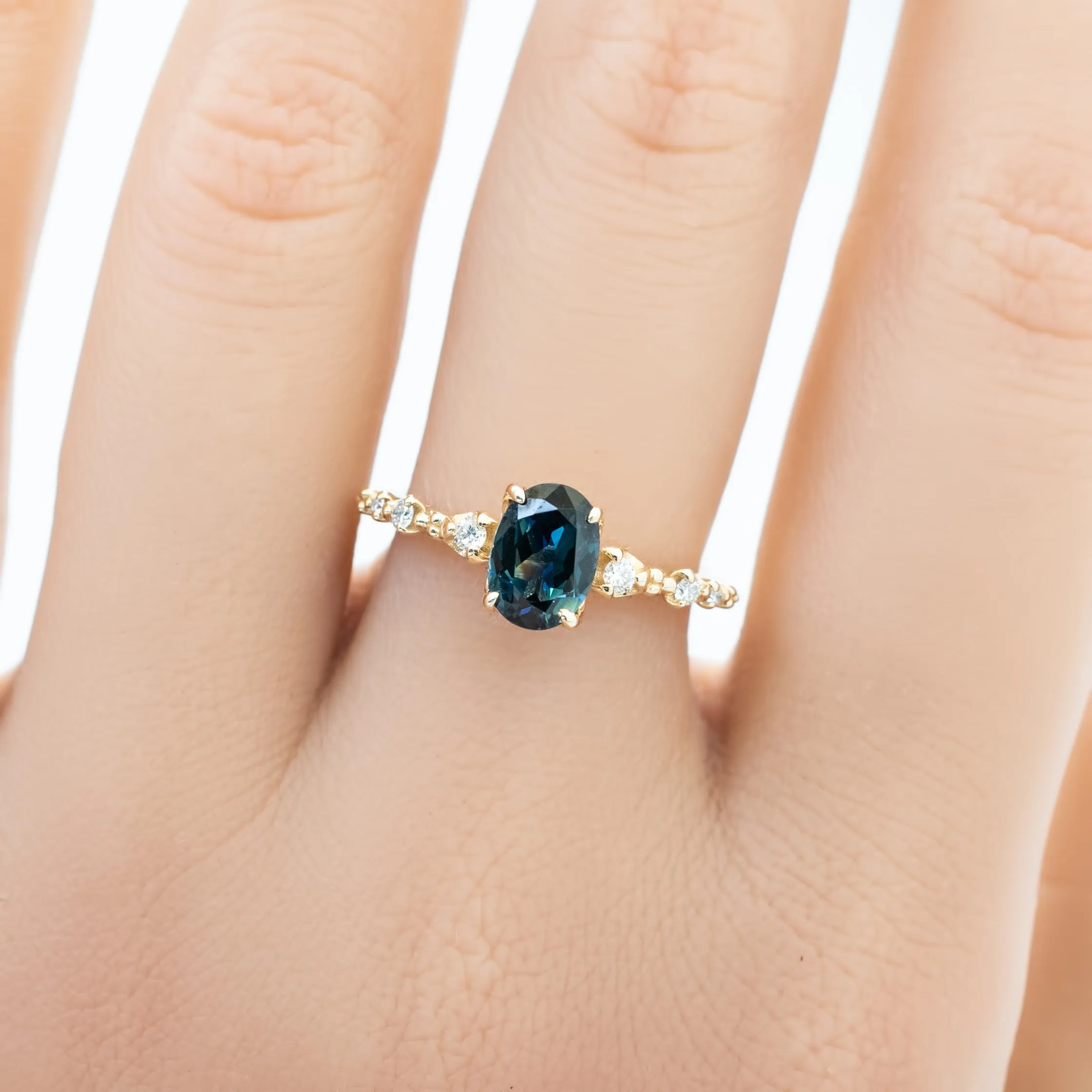 Wisteria Ring 1.17ct Deep Teal Blue Queensland Sapphire, 14K Yellow Gold (One of a kind)