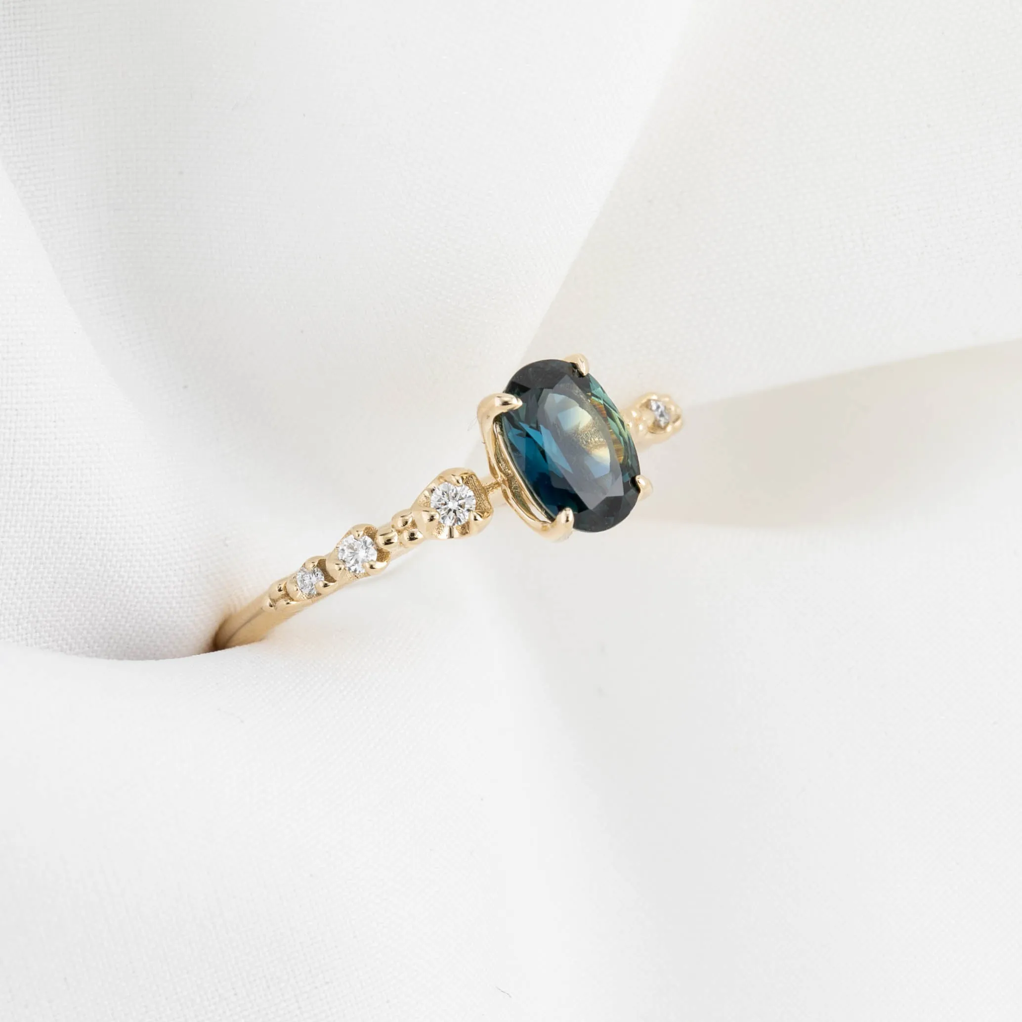 Wisteria Ring 1.17ct Deep Teal Blue Queensland Sapphire, 14K Yellow Gold (One of a kind)