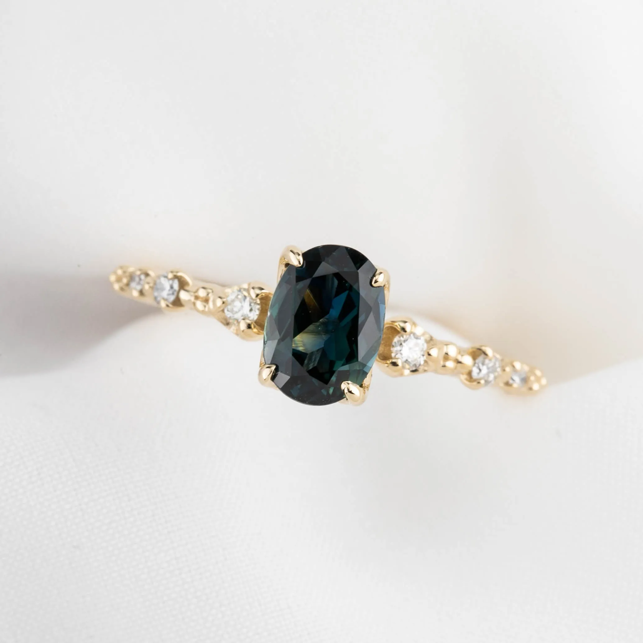 Wisteria Ring 1.17ct Deep Teal Blue Queensland Sapphire, 14K Yellow Gold (One of a kind)