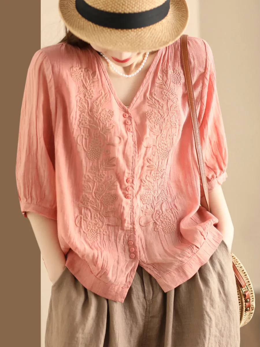 Women Vintage Summer Embroidery V-Neck Ramie Shirt PA1003