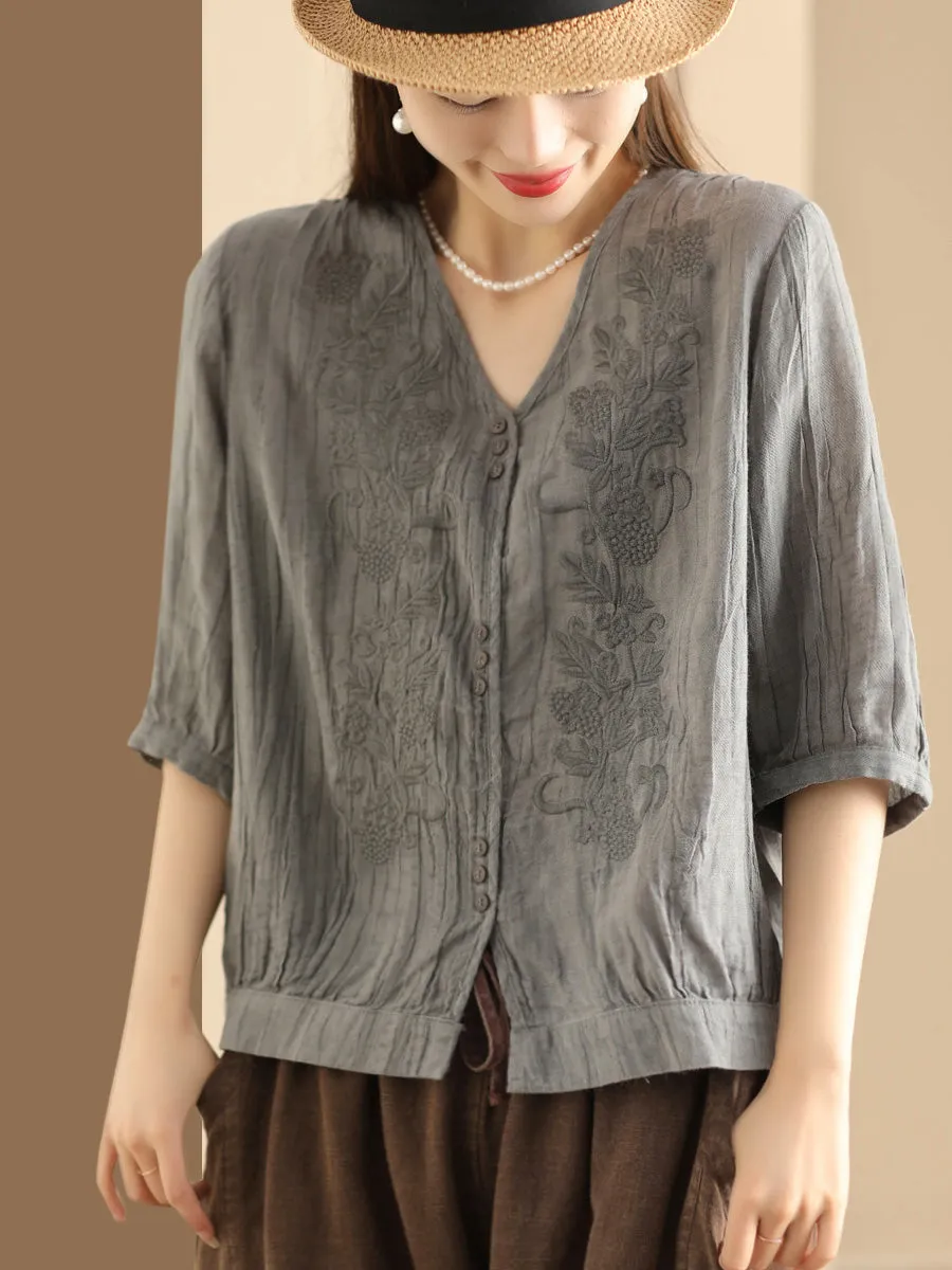 Women Vintage Summer Embroidery V-Neck Ramie Shirt PA1003